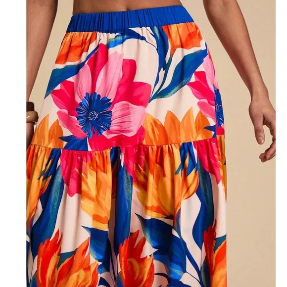 Boho Floral Tropcial Print Stretchy Waist Maxi Skirt